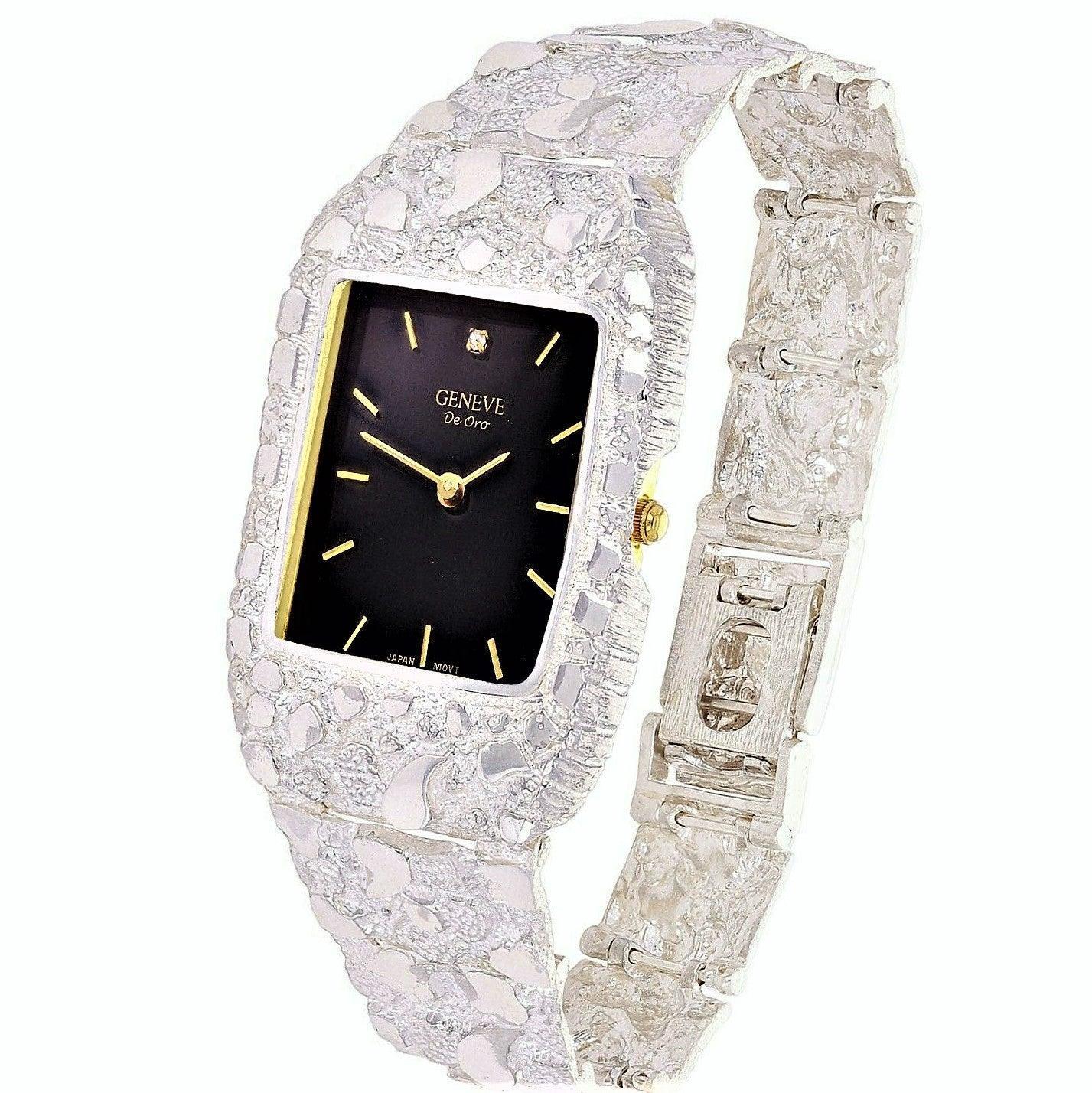 925 Sterling Silver Nugget Link Geneve with Diamond Watch 8-8.5 50g - Jewelry Store by Erik Rayo