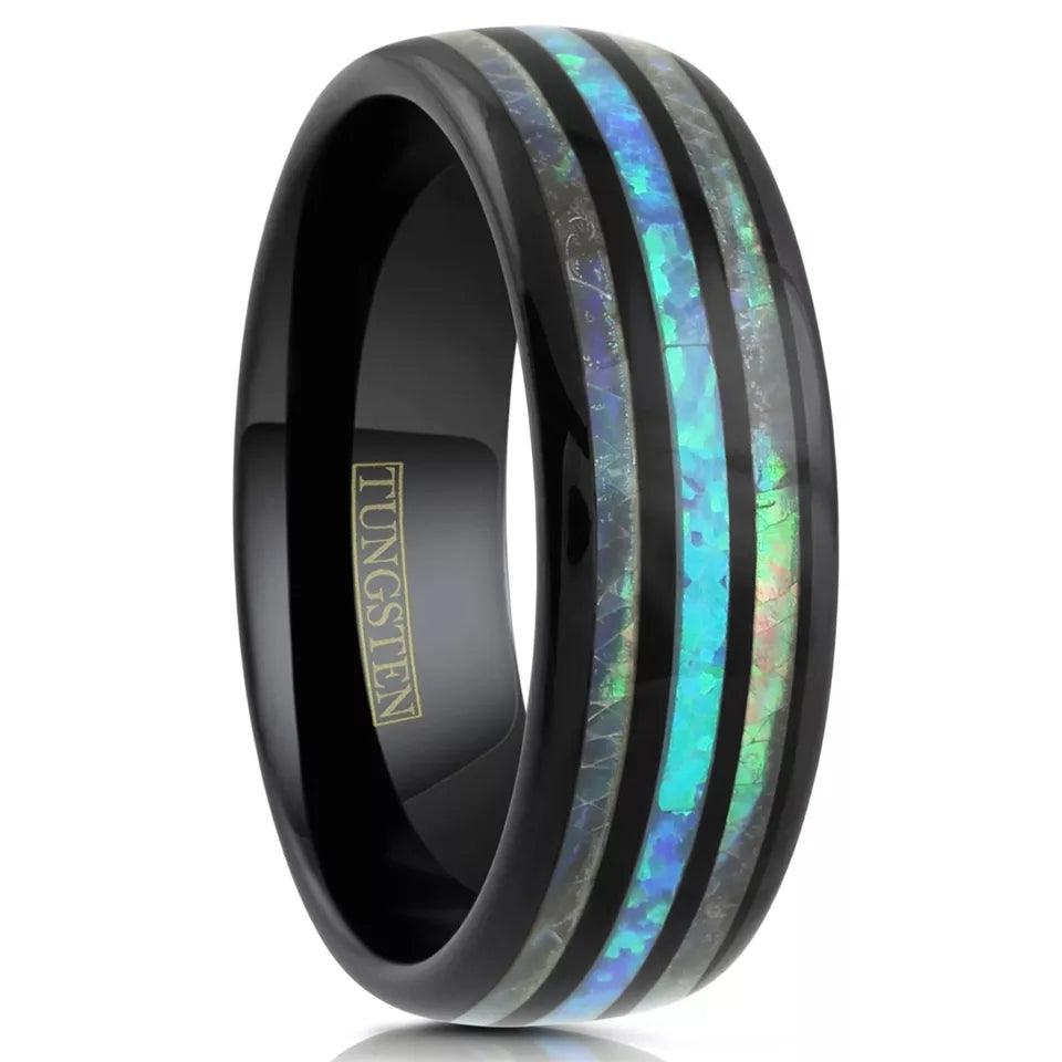 Hawaiian Blue Opal Tungsten Carbide Wedding Band Ring for Men & Women – Black & Abalone Design - Jewelry Store by Erik Rayo