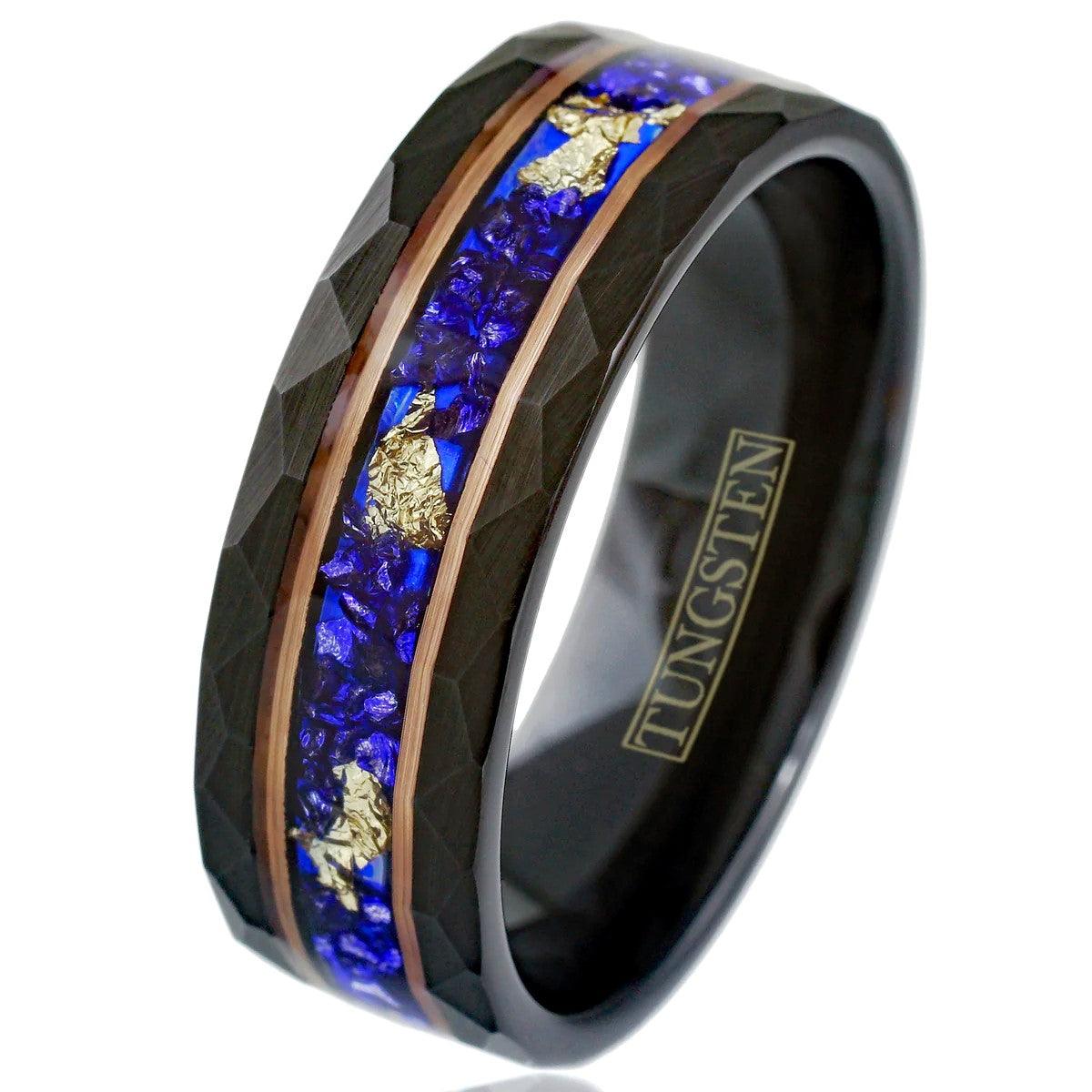 Black Tungsten Carbide Wedding Band Ring for Men & Women – Blue Opal & 24K Gold Leaf Inlay Design - Jewelry Store by Erik Rayo
