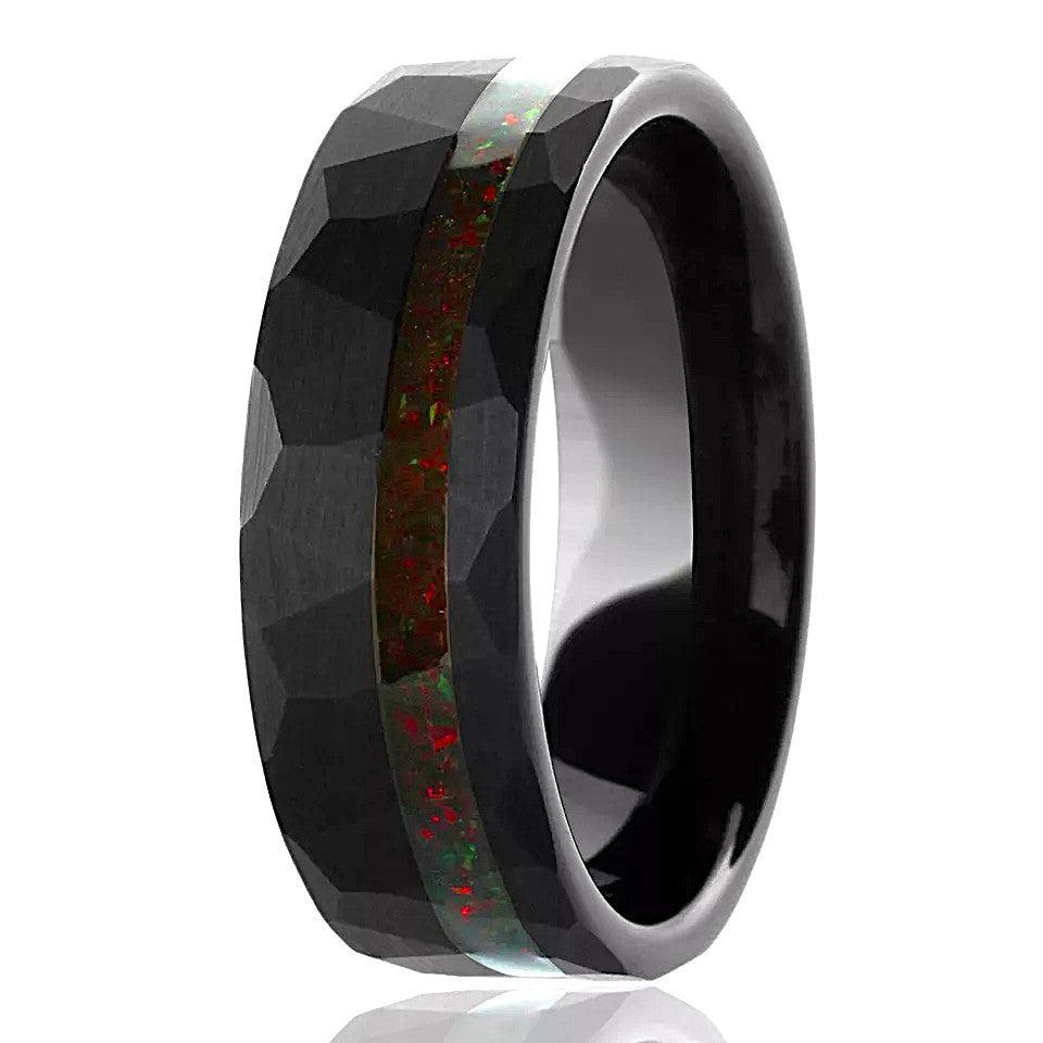 Black Faceted Wedding Band Ring for Men Tungsten Carbide Red Opal Off-Center Stripe - Jewelry Store by Erik Rayo