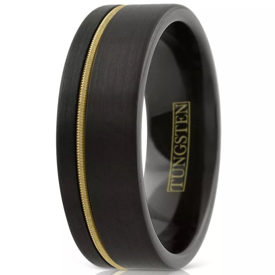 Wedding Band Rings Tungsten Carbide Black Brushed Offset Guitar String Ring for Men - Jewelry Store by Erik Rayo