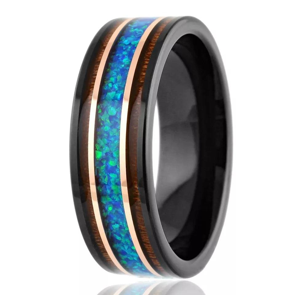 Black Rose Gold Wedding Band Ring for Men Tungsten Carbide Blue Teal Opal Rosewood Wedding Ring - Jewelry Store by Erik Rayo