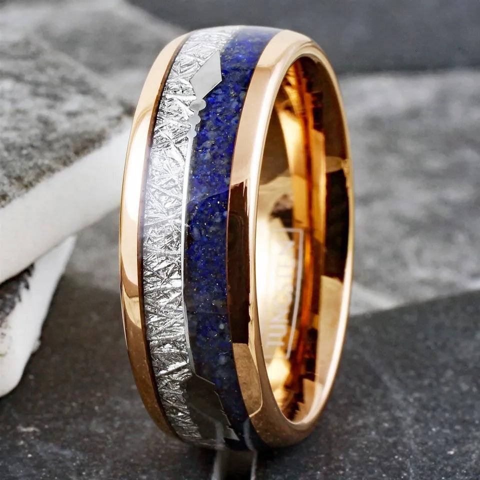 Rose Gold Tungsten Carbide Wedding Band Ring for Men & Women – Meteorite & Blue Lapis Lazuli Inlay Design - Jewelry Store by Erik Rayo