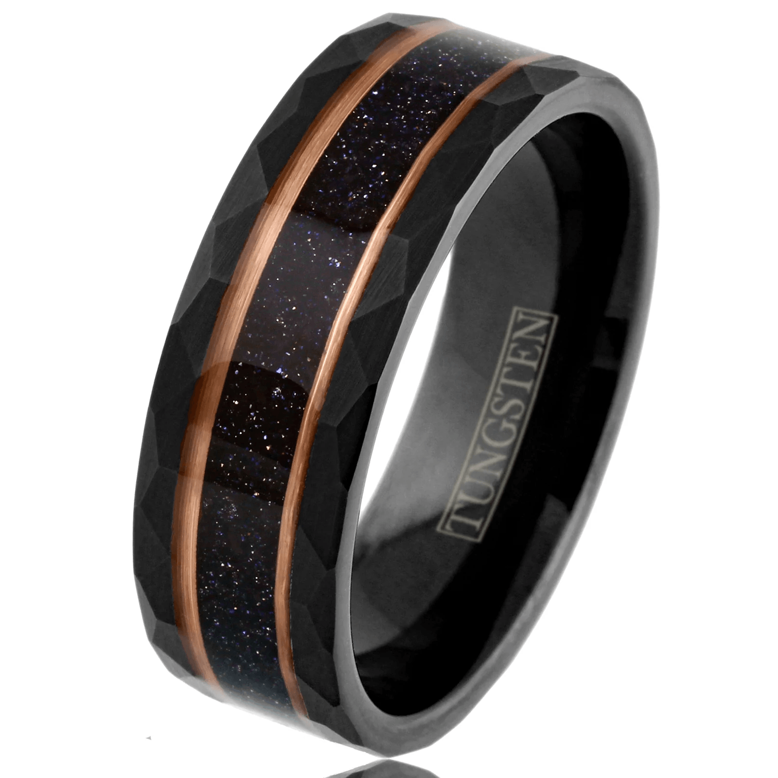 Dark Blue Wedding Band Ring for Men Black Tungsten Carbide Sandstone Inlay Between Two Rose Gold Stripes - Jewelry Store by Erik Rayo