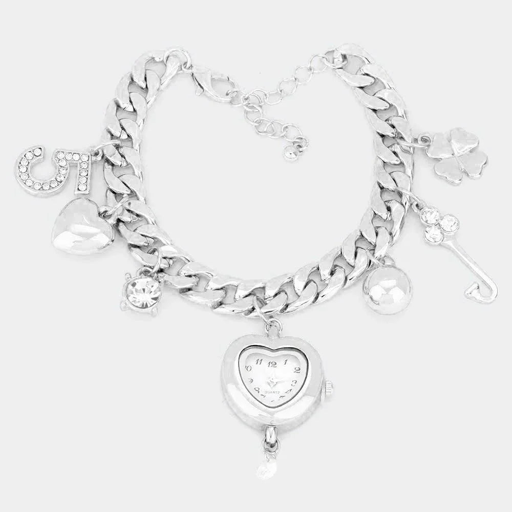 NO.5 Heart Watch Key Clover Charm Station Bracelet / Watch - Jewelry Store by Erik Rayo