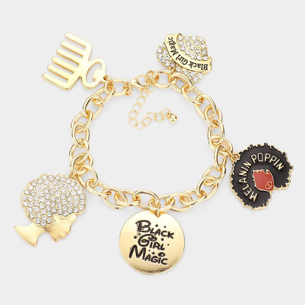 Gold Comb Rhinestone Embellished Girl Heart Station Bracelet - Jewelry Store by Erik Rayo
