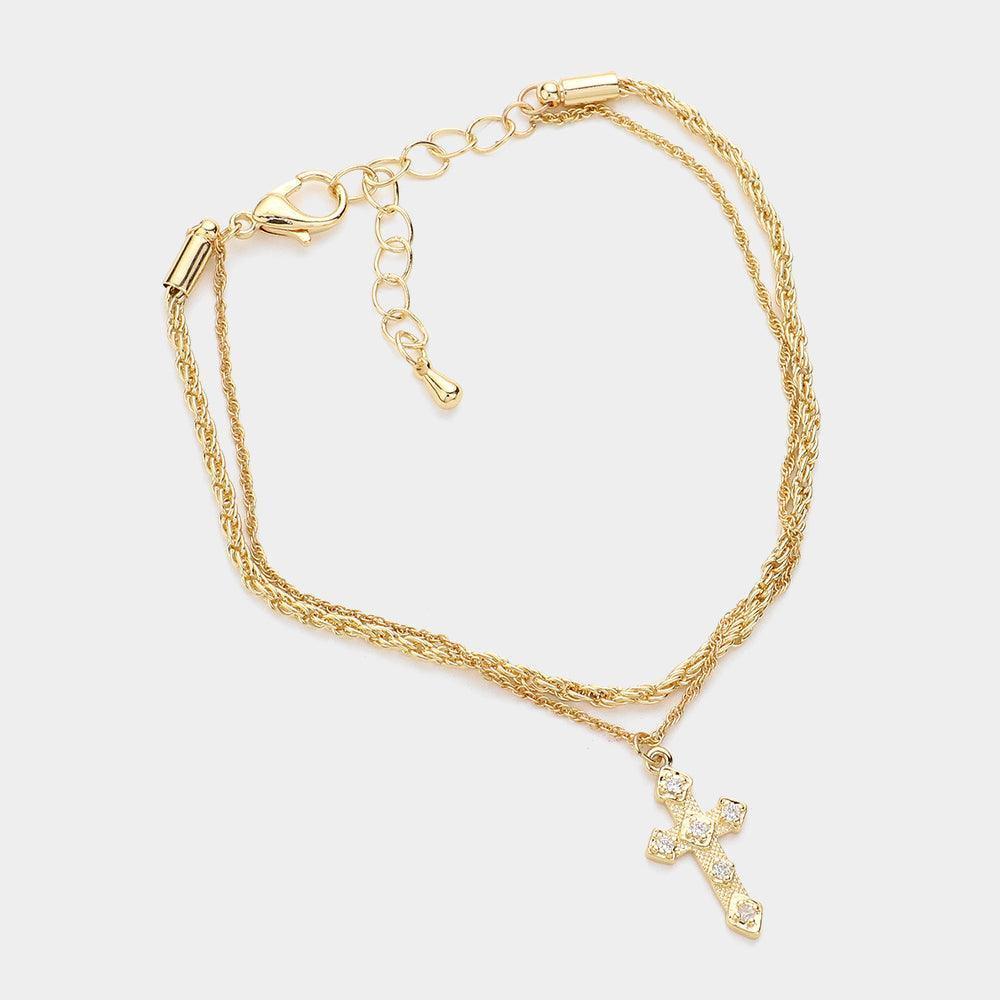 Gold CZ Stone Pointed Cross Charm Brass Double Layered Chain Bracelet - Jewelry Store by Erik Rayo