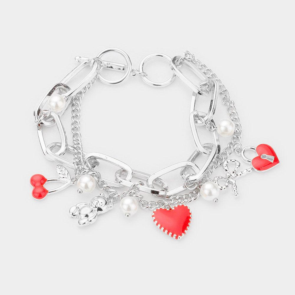 Pearl Cherry Bear Heart Bow Lock Charm Station Double Layered Toggle Bracelet - Jewelry Store by Erik Rayo