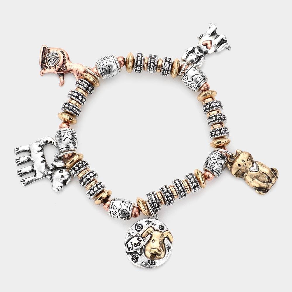 Three Tone Metal Cat Dog Charm Station Stretch Bracelet - Jewelry Store by Erik Rayo
