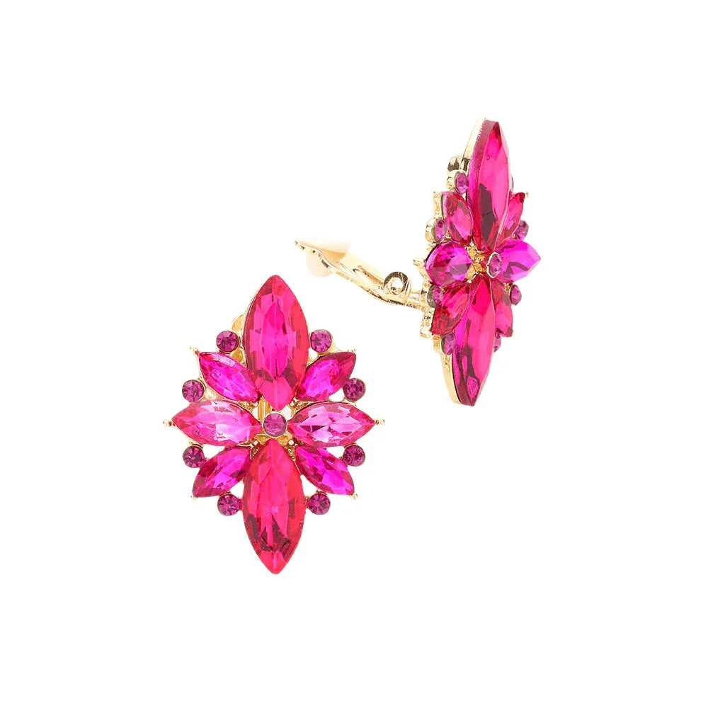 Fuchsia Marquise Round Stone Cluster Clip on Evening Earrings - Jewelry Store by Erik Rayo