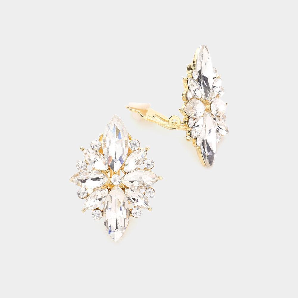 Gold Marquise Round Stone Cluster Clip on Evening Earrings - Jewelry Store by Erik Rayo