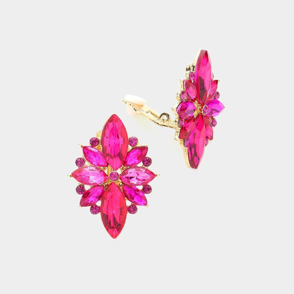 Fuchsia Marquise Round Stone Cluster Clip on Evening Earrings - Jewelry Store by Erik Rayo