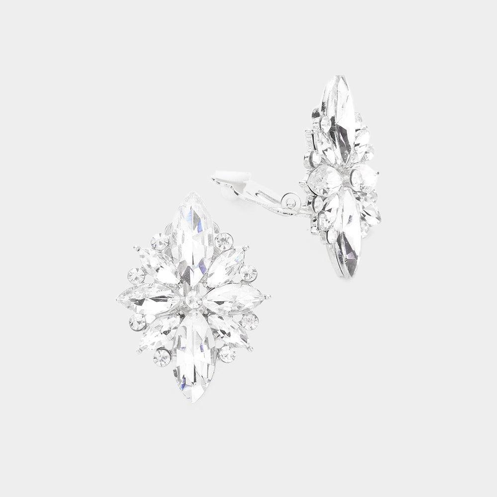 Silver Marquise Round Stone Cluster Clip on Evening Earrings - Jewelry Store by Erik Rayo