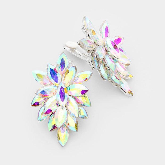 Silver Oval Crystal Cluster Clip on Evening Earrings - Jewelry Store by Erik Rayo