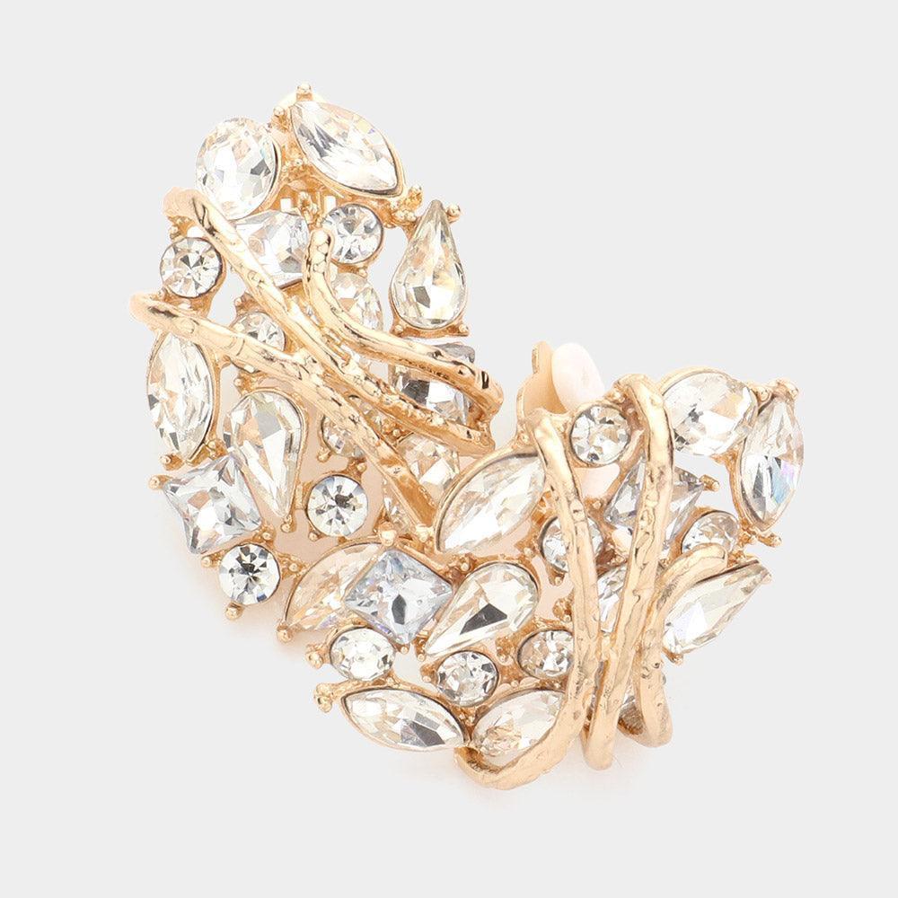 Gold Marquise Teardrop Round Stone Cluster Embellished Clip On Earrings - Jewelry Store by Erik Rayo