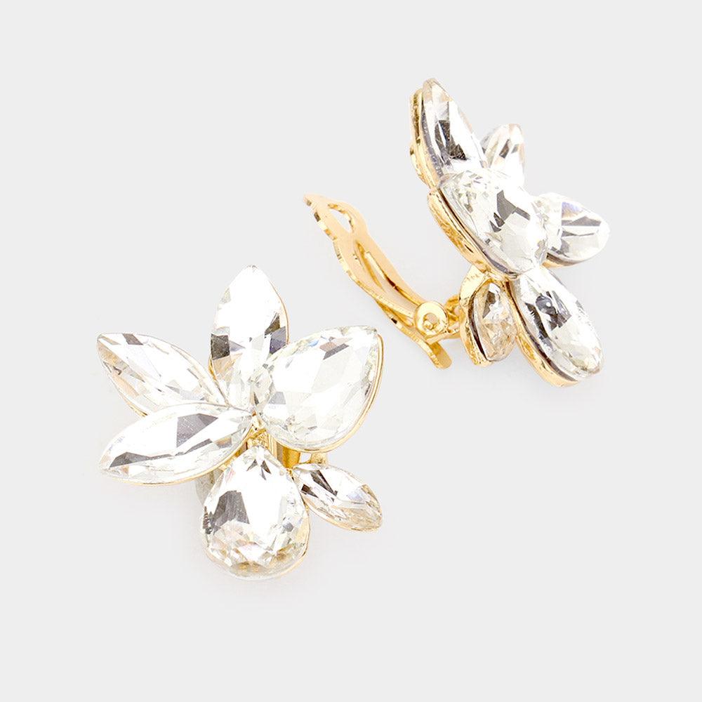 Gold Marquise Teardrop Stone Cluster Clip on Evening Earrings - Jewelry Store by Erik Rayo