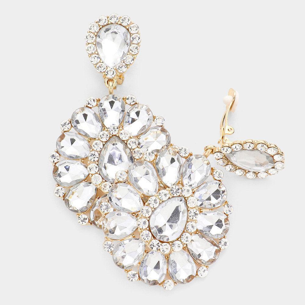 Gold Crystal Teardrop Cluster Statement Clip on Earrings - Jewelry Store by Erik Rayo