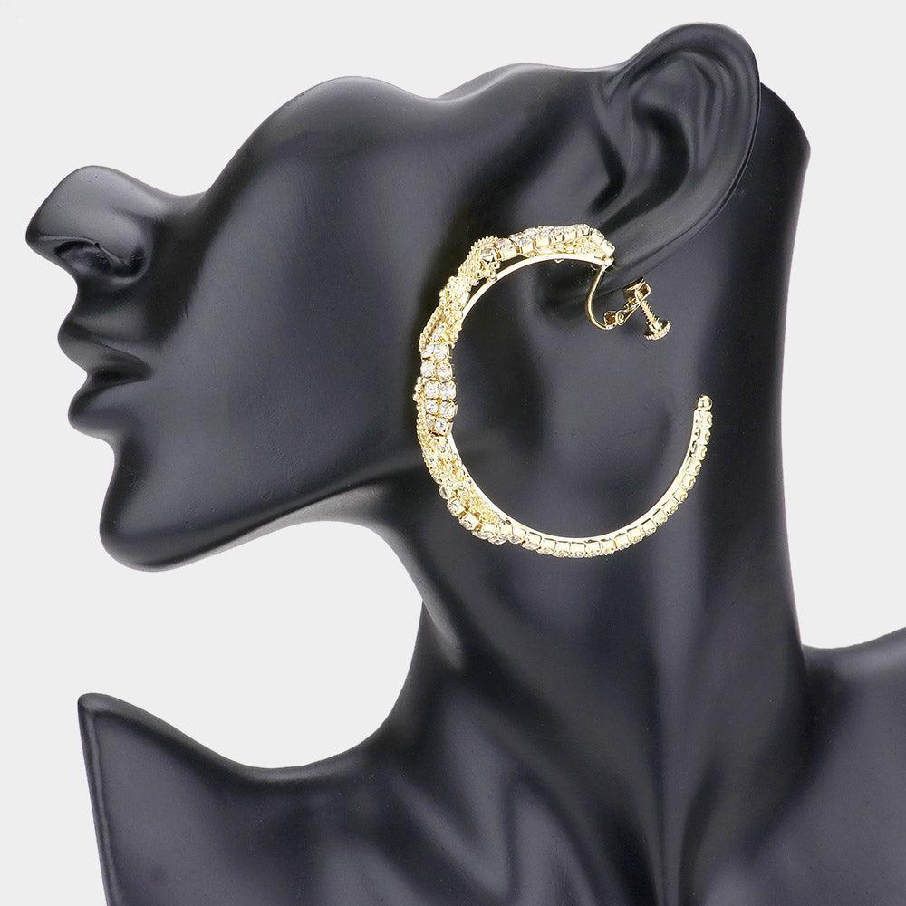 Gold Twisted Crystal Rhinestone Hoop Clip Earrings - Jewelry Store by Erik Rayo