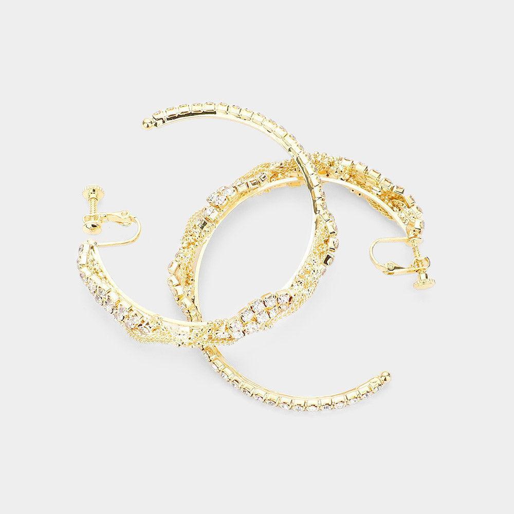 Gold Twisted Crystal Rhinestone Hoop Clip Earrings - Jewelry Store by Erik Rayo