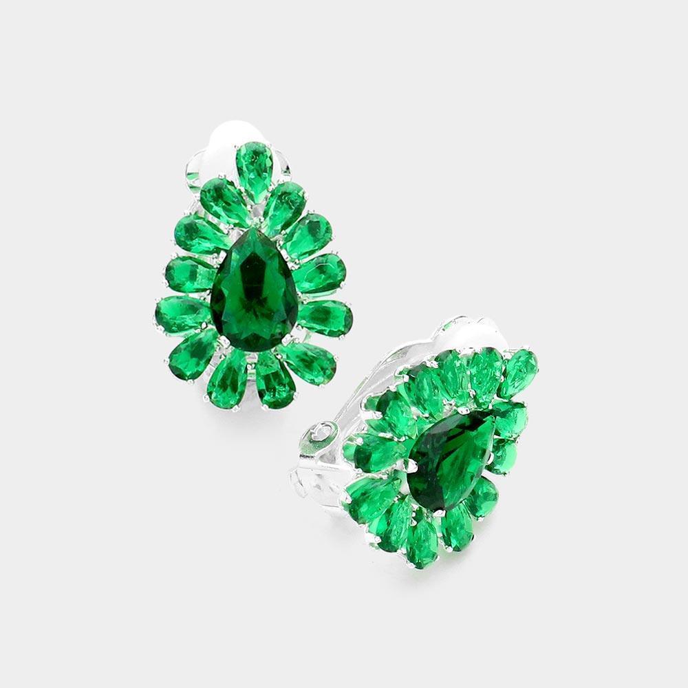 Emerald Teardrop Stone Cluster Clip on Evening Earrings - Jewelry Store by Erik Rayo