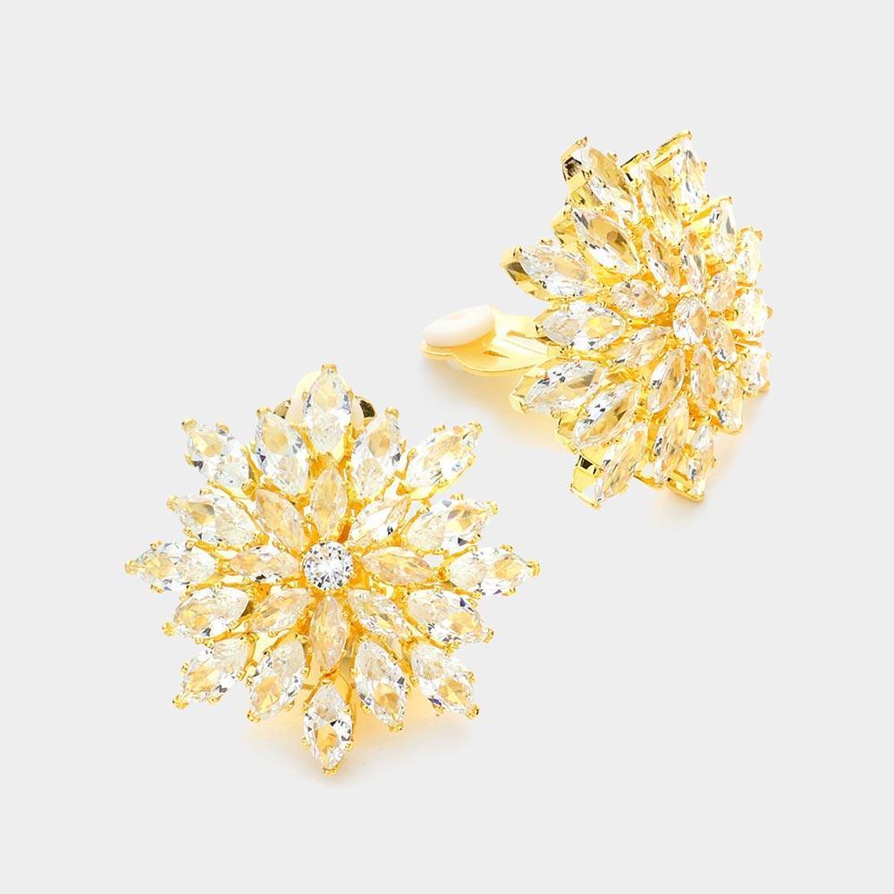 Gold Floral Marquise Stone Cluster Clip on Evening Earrings - Jewelry Store by Erik Rayo
