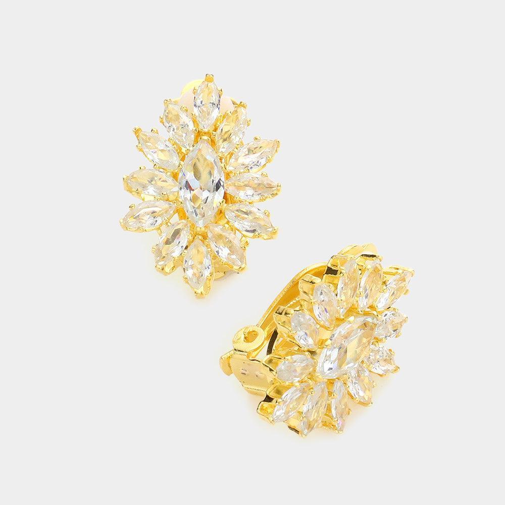 Gold Marquise Stone Cluster Clip On Evening Earrings - Jewelry Store by Erik Rayo