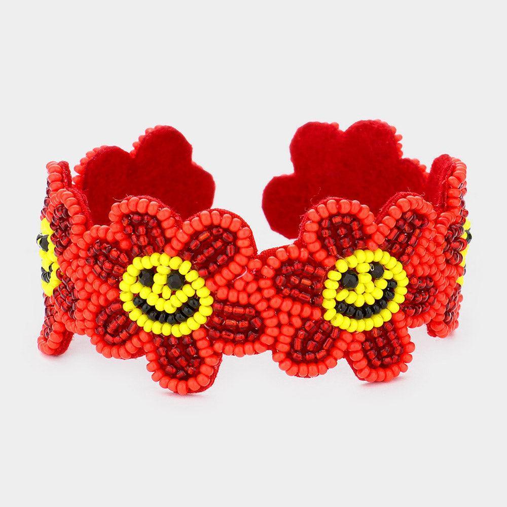Red Seed Beaded Smile Flower Cuff Bracelet - Jewelry Store by Erik Rayo