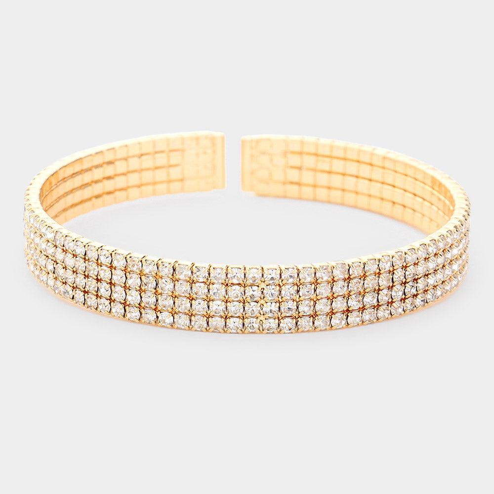 Gold Brass Metal 4Rows Rhinestone Cuff Bracelet - Jewelry Store by Erik Rayo