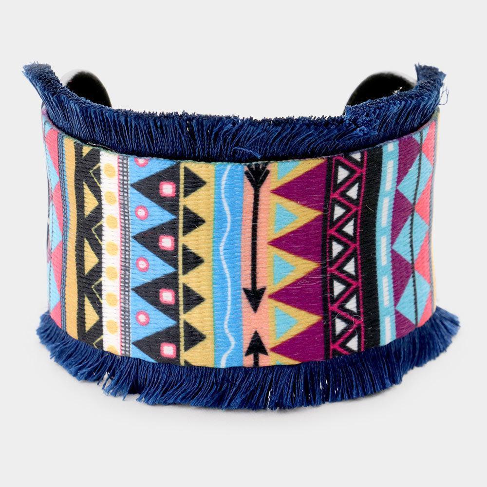 Blue Embroidery Boho Pattern Tassel Trim Cuff Bracelet - Jewelry Store by Erik Rayo