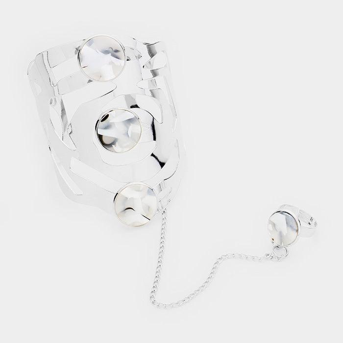 White Round Celluloid Acetate Metal Hand Chain Cuff Bracelet - Jewelry Store by Erik Rayo