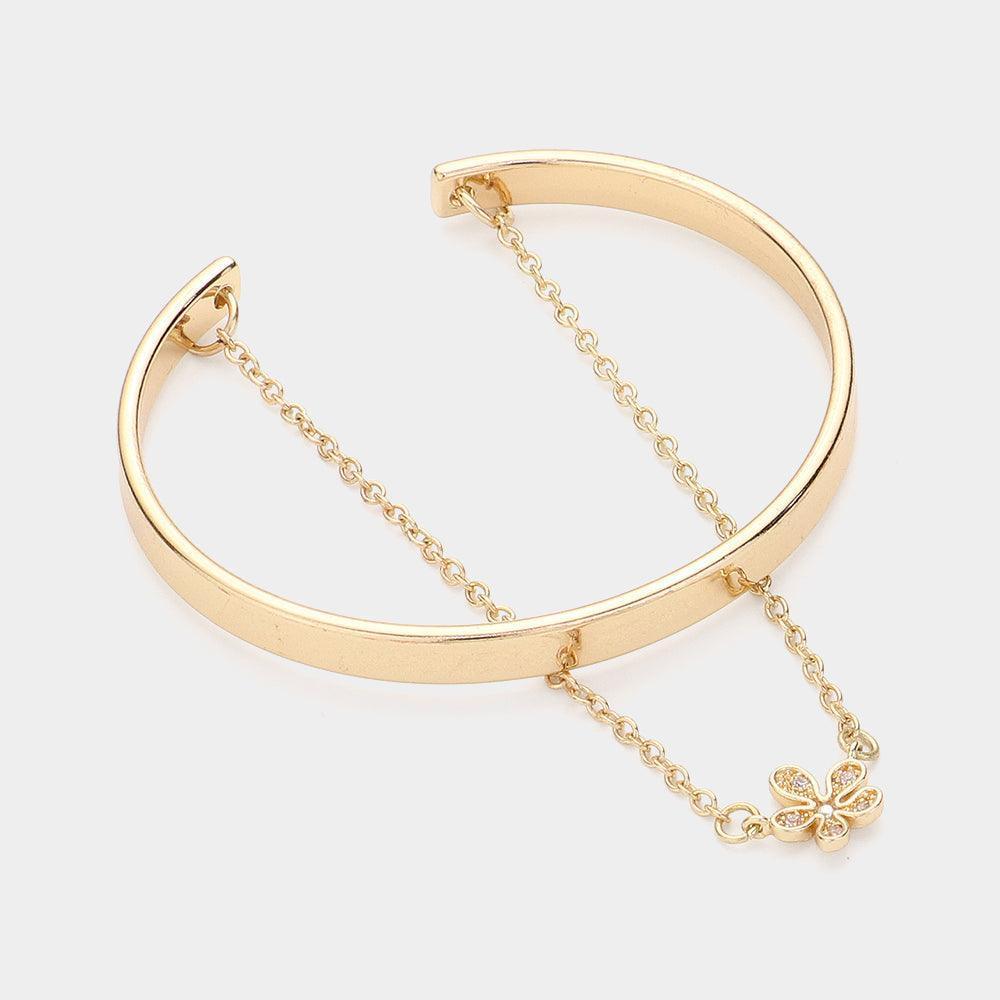 Gold Double Layered Stone Paved Flower Charm Cuff Bracelet - Jewelry Store by Erik Rayo