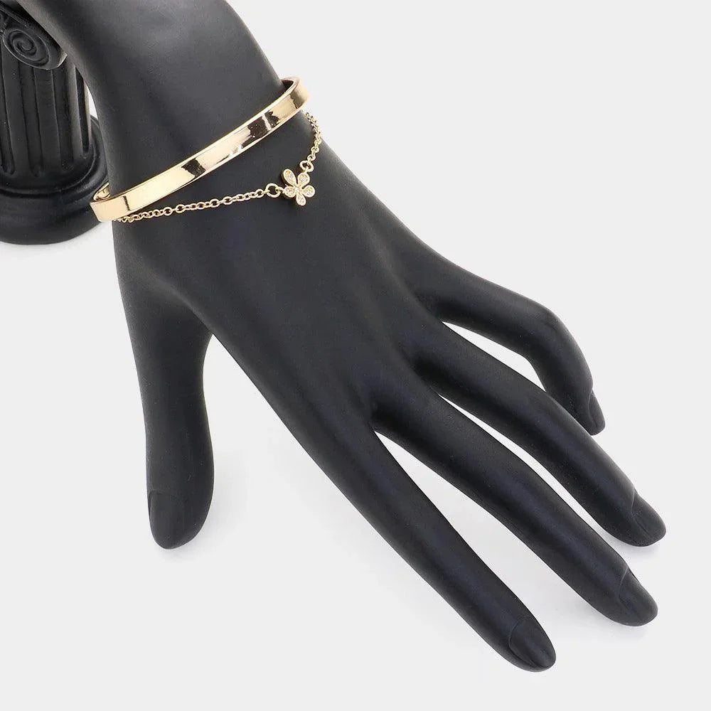 Gold Double Layered Stone Paved Flower Charm Cuff Bracelet - Jewelry Store by Erik Rayo