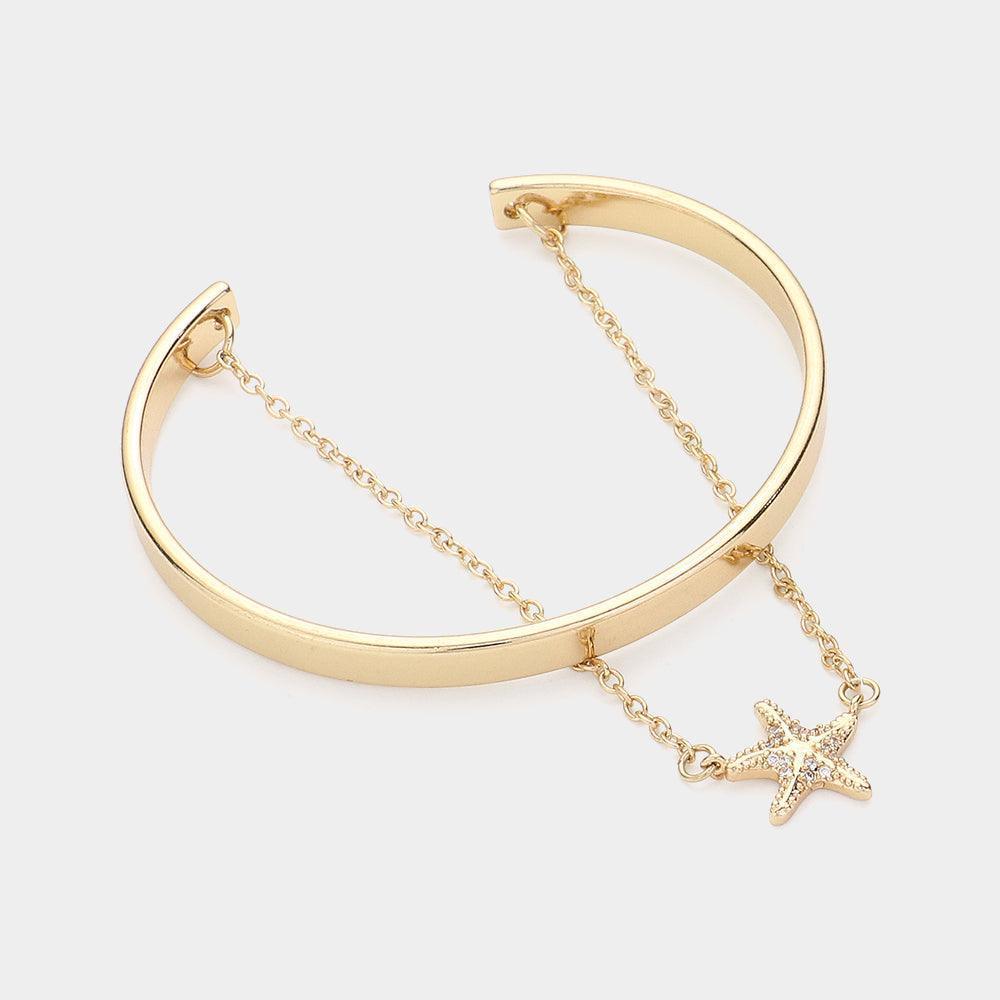 Gold Double Layered Stone Paved Starfish Charm Cuff Bracelet - Jewelry Store by Erik Rayo