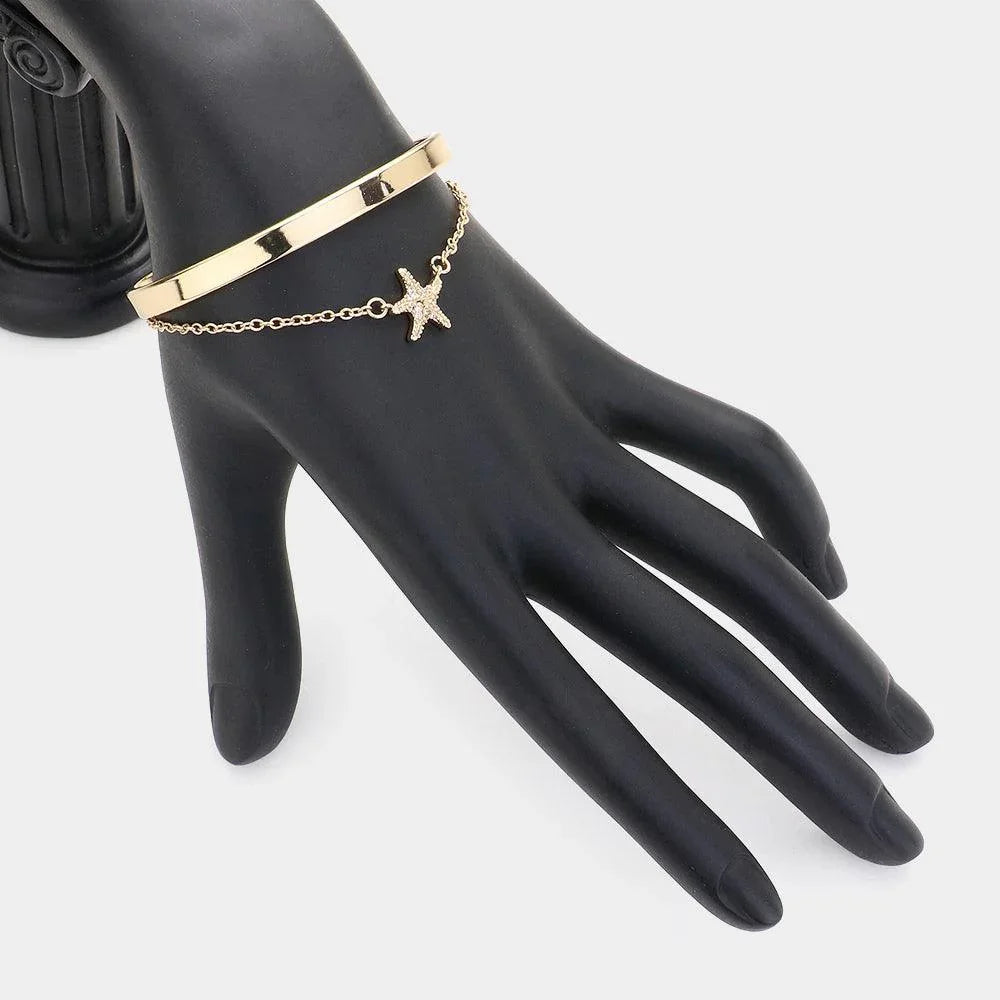 Gold Double Layered Stone Paved Starfish Charm Cuff Bracelet - Jewelry Store by Erik Rayo