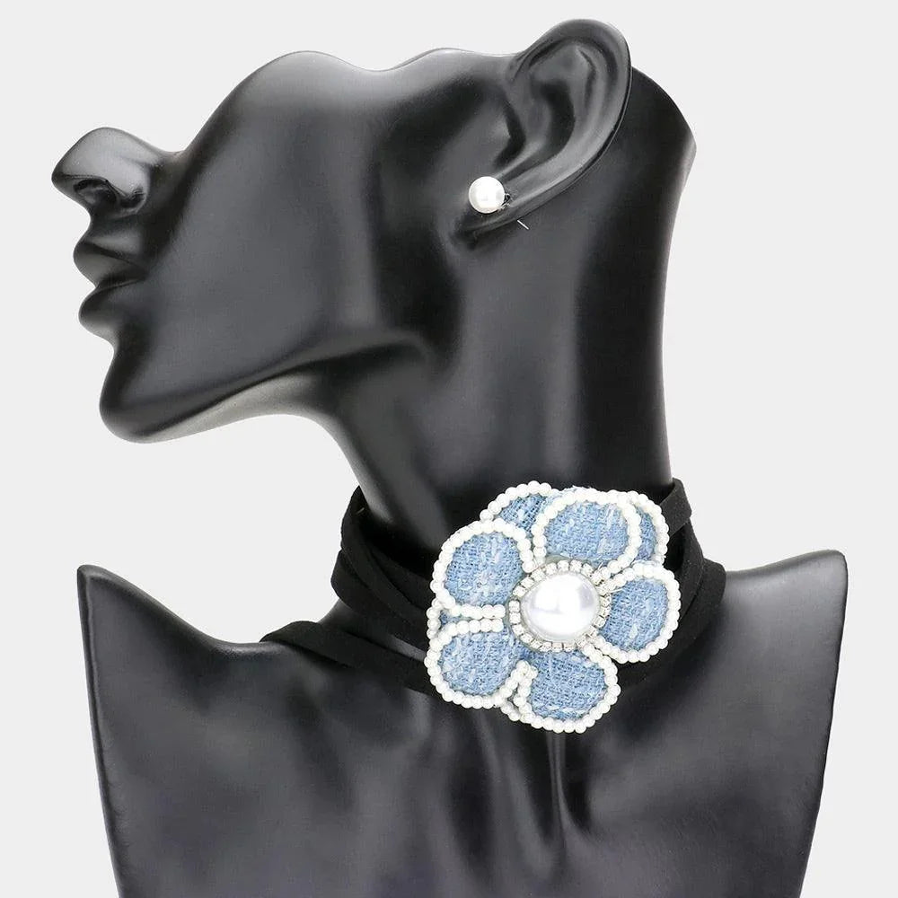 Blue Pearl Pointed Flower Wrapped Choker Necklace - Jewelry Store by Erik Rayo