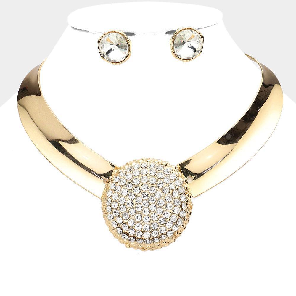 Gold Round Pendant Accented Metal Evening Choker Necklace Rhinestone Paved - Jewelry Store by Erik Rayo