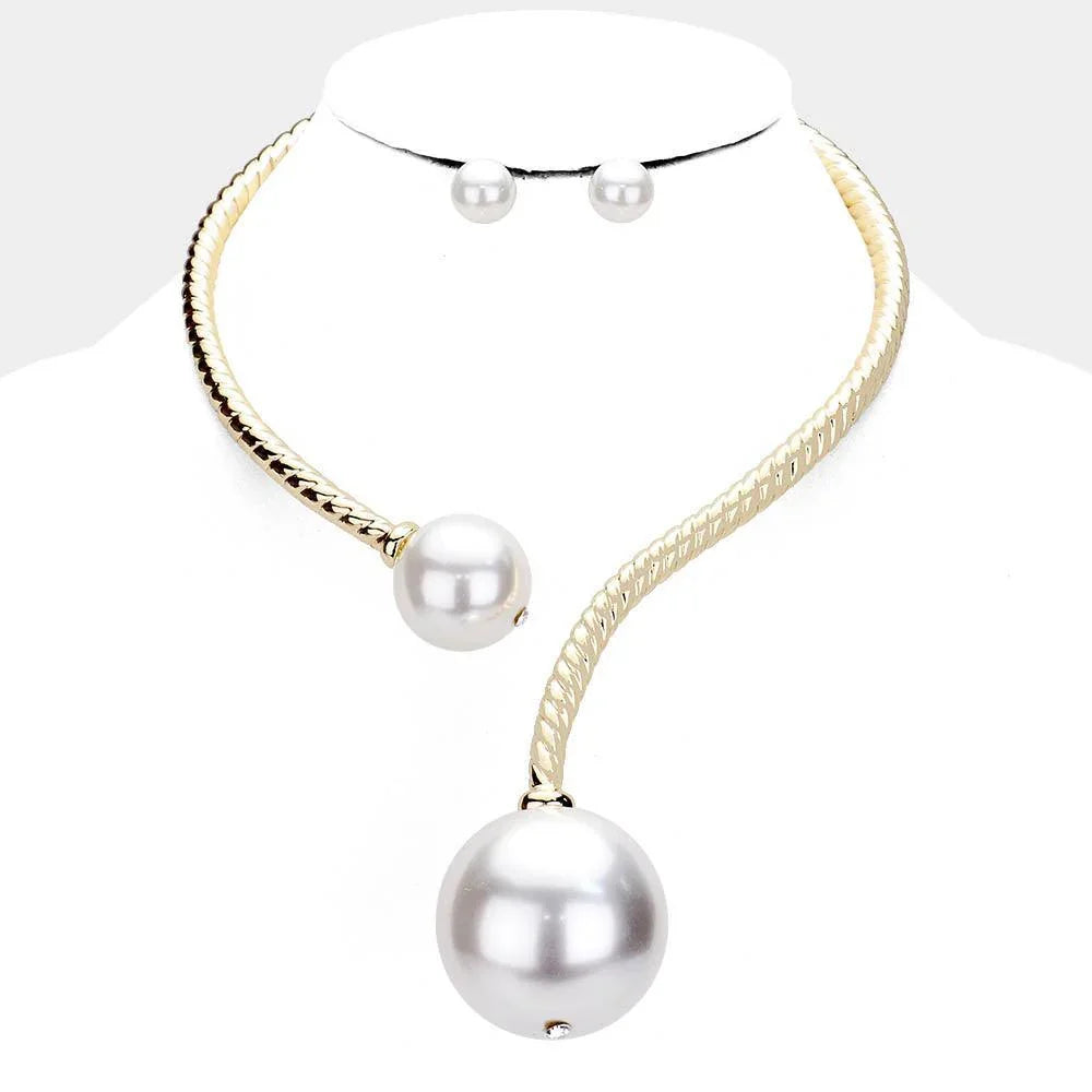 Cream Chunky Pearl Textured Metal Collar Choker Necklace - Jewelry Store by Erik Rayo