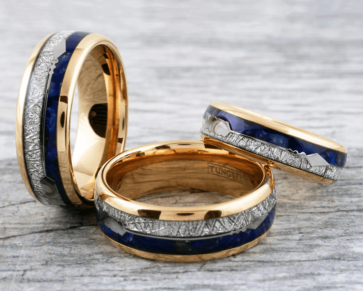 Unique Rose Gold Tungsten Carbide Wedding Band Ring for Men & Women – Speckled Blue Lapis Lazuli & Silver Meteorite Inlays - Jewelry Store by Erik Rayo