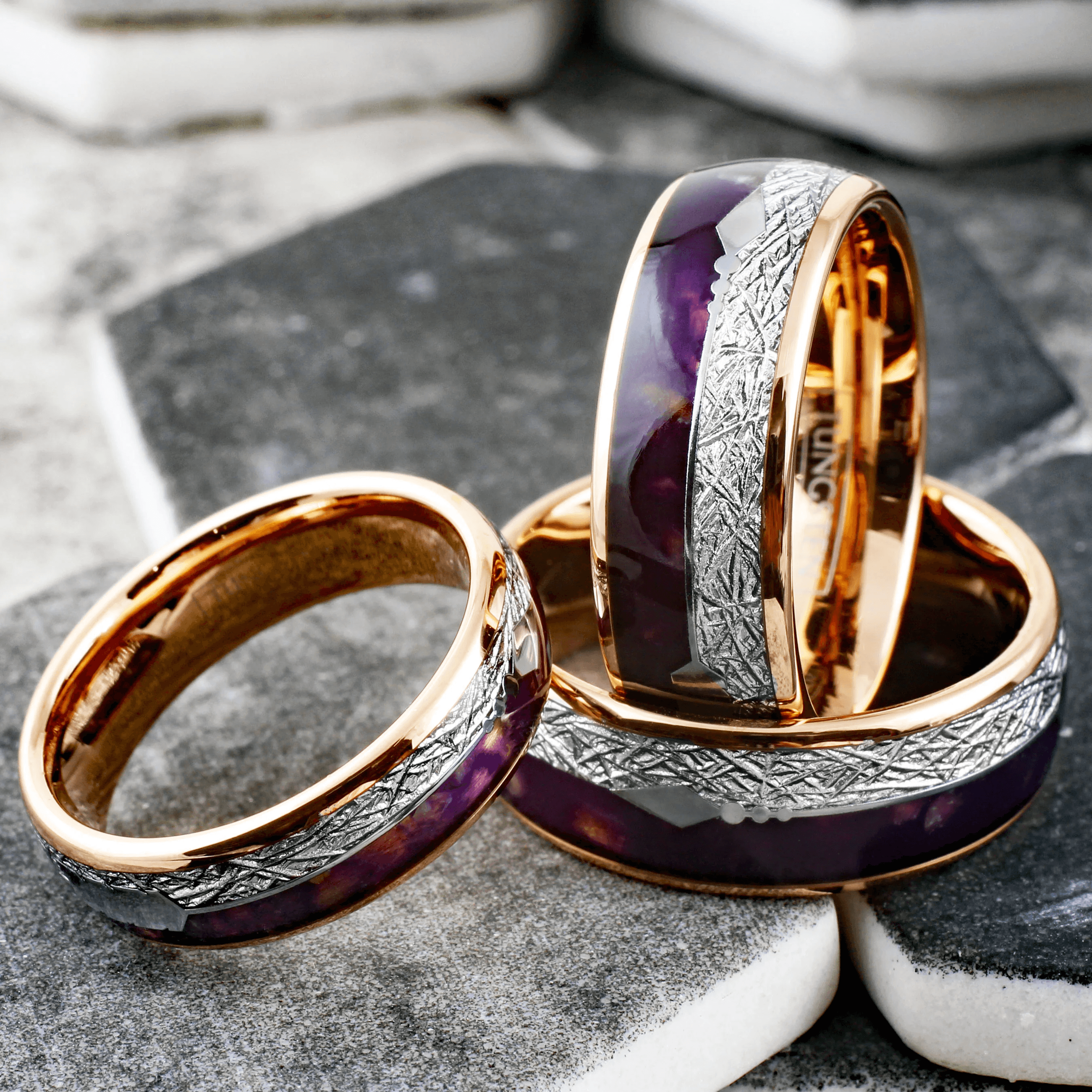 Men’s Wedding Band Ring - Rose Gold, Purple Agate & Meteorite Arrow Design - Wedding Rings for Men & Women - Jewelry Store by Erik Rayo