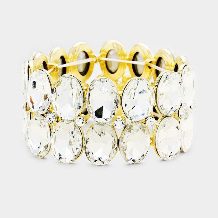 Gold Glass Crystal Oval Stone Cluster Stretch Bracelet - Jewelry Store by Erik Rayo