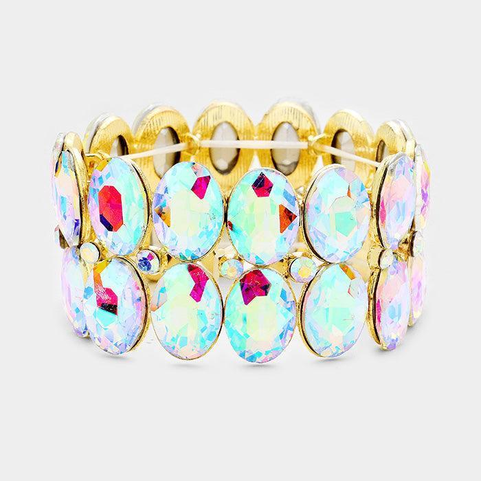 Gold Glass Crystal Oval Stone Cluster Stretch Bracelet - Jewelry Store by Erik Rayo