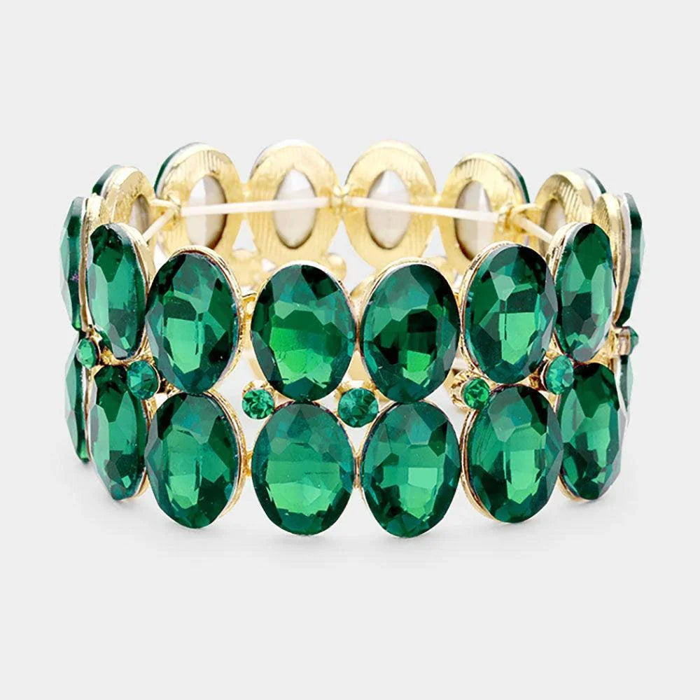 Green Glass Crystal Oval Stone Cluster Stretch Bracelet - Jewelry Store by Erik Rayo