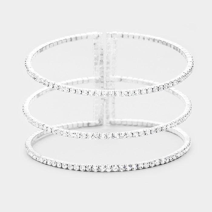 Silver 3Row Split Layer Round Crystal Detail Cuff Evening Bracelet - Jewelry Store by Erik Rayo