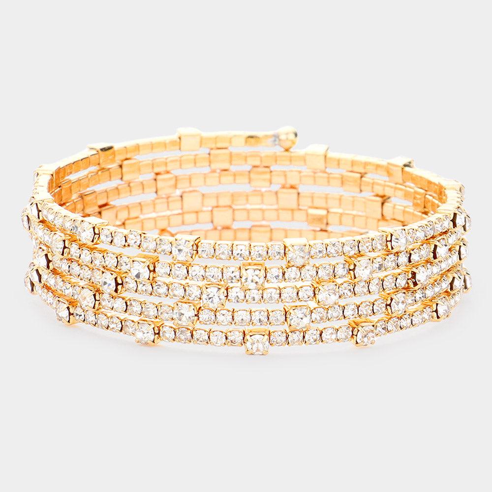 Gold Brass Metal Round Stone Accented Rhinestone Coil Bracelet - Jewelry Store by Erik Rayo
