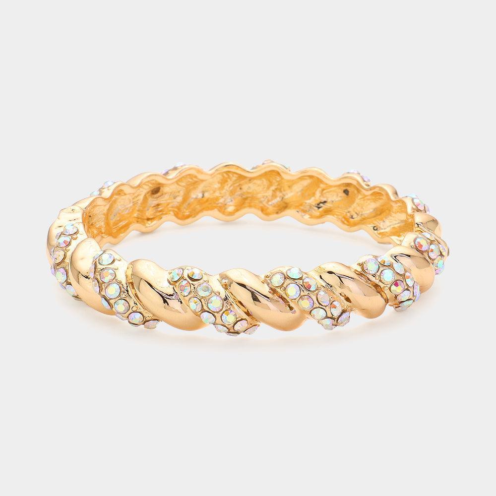 Gold Rhinestone Embellished Twisted Metal Hinged Evening Bracelet - Jewelry Store by Erik Rayo