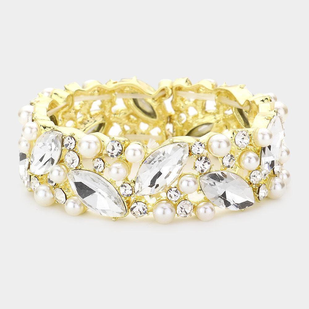 Gold Pearl Marquise Stone Stretch Evening Bracelet - Jewelry Store by Erik Rayo