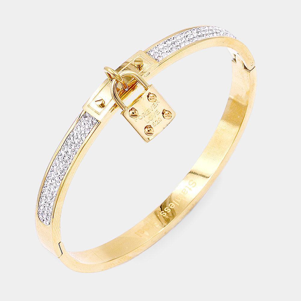 Gold FOREVER LOVE Metal Lock Charm Stainless Steel Evening Bracelet - Jewelry Store by Erik Rayo