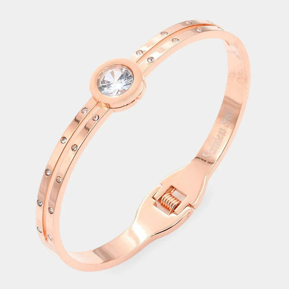 Rose Gold Round CZ Stone Accented Stainless Steel Evening Bracelet - Jewelry Store by Erik Rayo