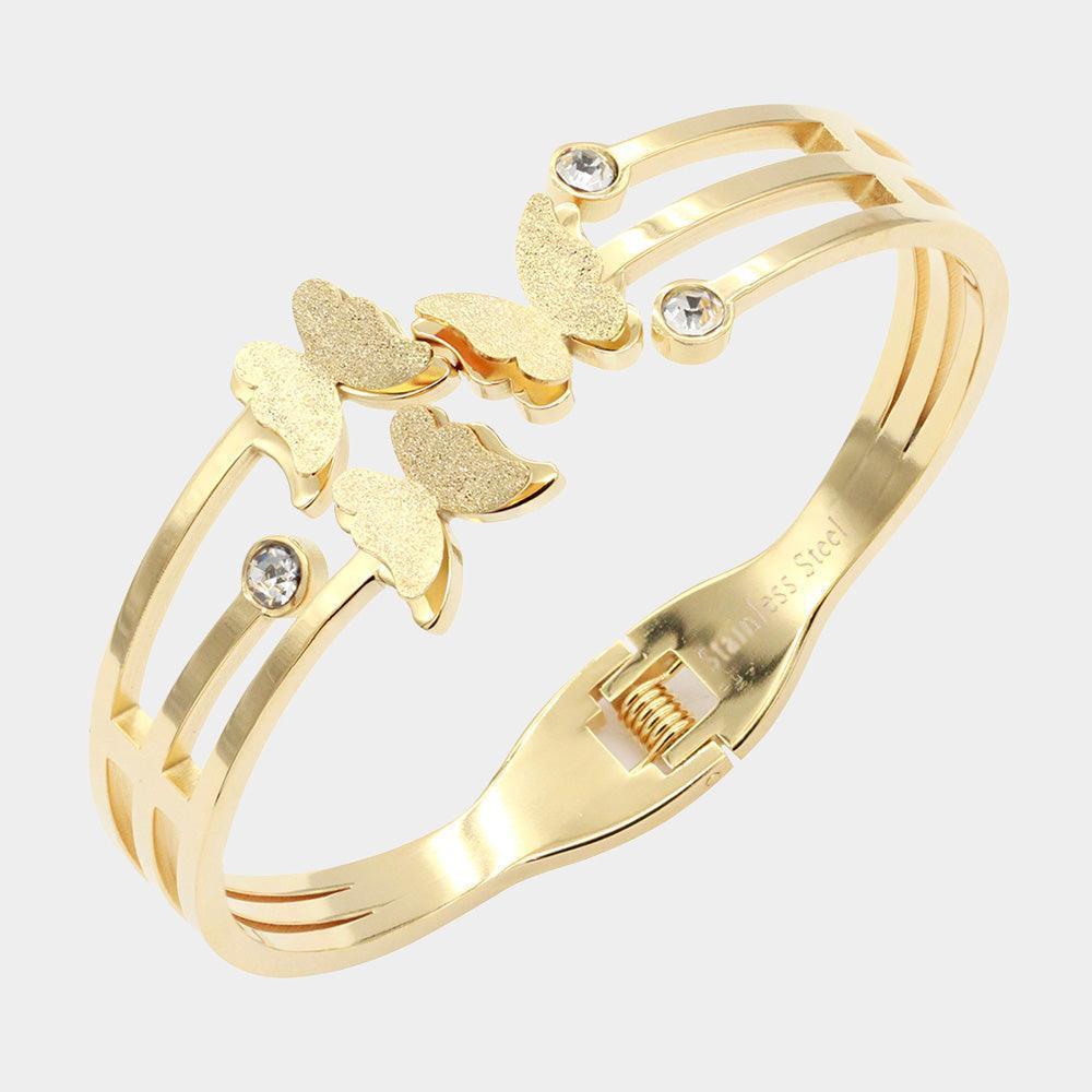 Gold Triple Butterfly CZ Embellished Stainless Steel Hinged Evening Bracelet - Jewelry Store by Erik Rayo