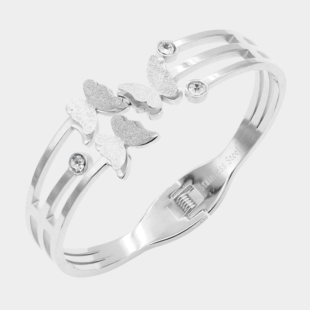 Silver Triple Butterfly CZ Embellished Stainless Steel Hinged Evening Bracelet - Jewelry Store by Erik Rayo